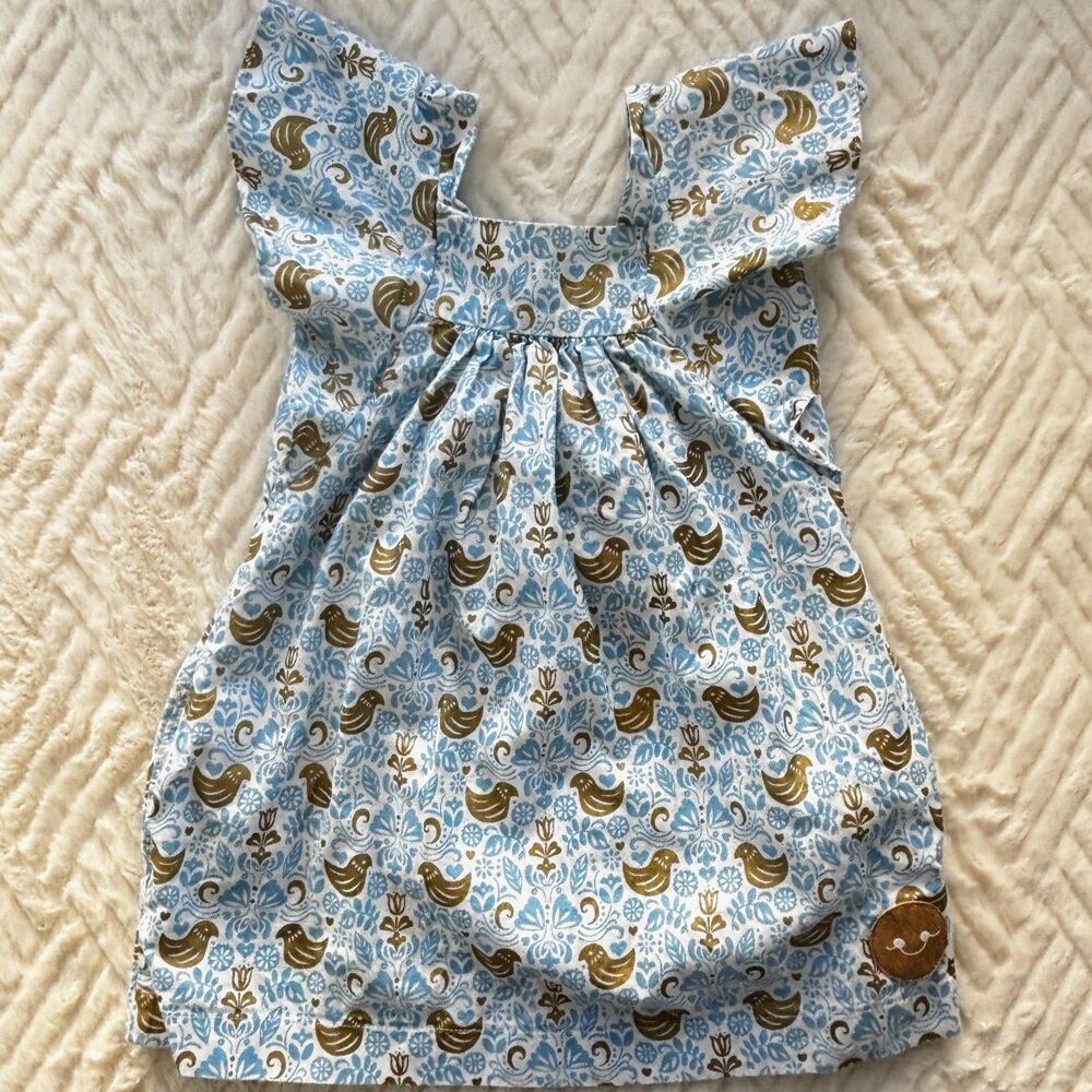 Smiling Button Girls Size 2 Blue Folk Bird Print Flutter Sleeve Cotton Dress
